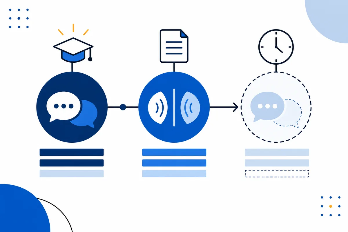 Three linked blue circles contain overlapping speech bubbles, sound-wave shapes, and a faded speech bubble inside a dashed outline; a graduation cap, document, and clock sit above them.
