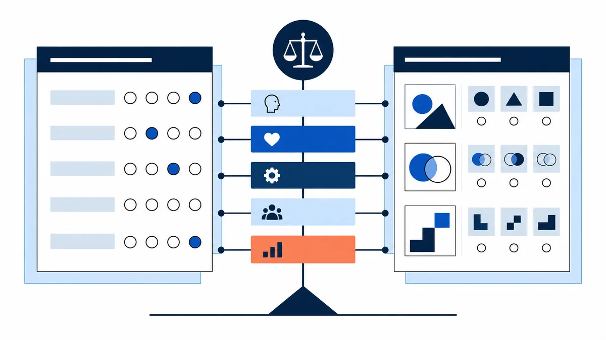 A balance scale stands between two connected panels: one with rows of circles and blue selections, the other with geometric shapes and overlapping circles. Five colored bars with small icons run between them.