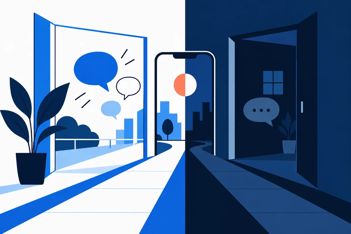 A smartphone stands between a bright doorway with speech bubbles and a dark doorway with an ellipsis bubble.