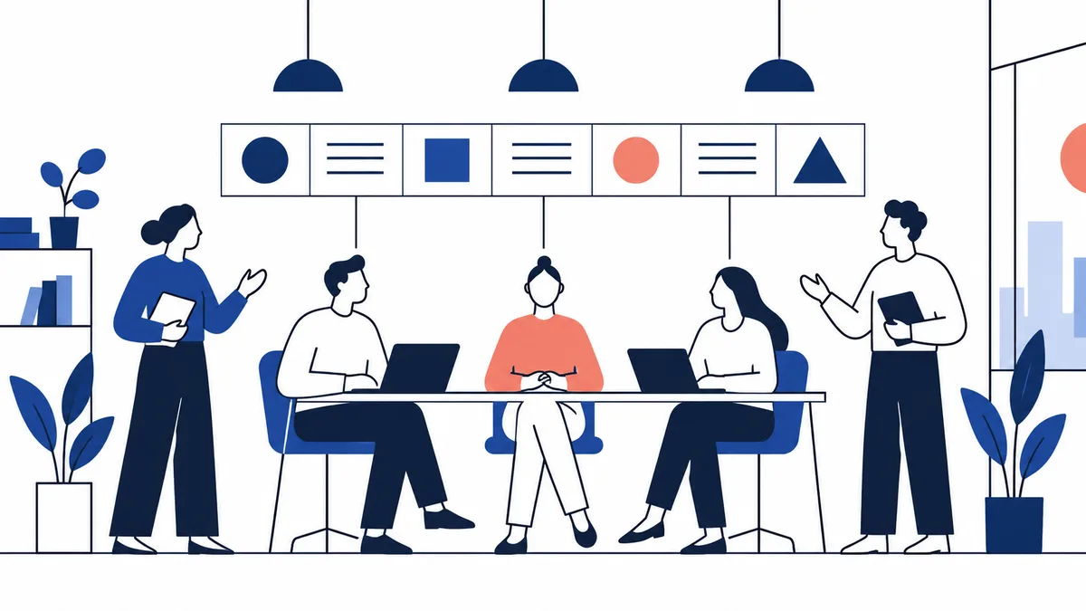 Flat illustration of five people gathered around a table, with two standing figures, three seated figures, two laptops, plants, and a row of geometric shapes above them.