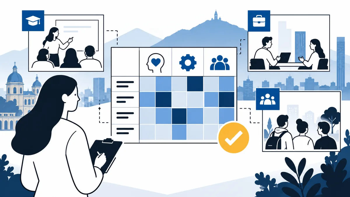 Illustrated education, workplace, and group scenes surround a central grid of blue squares, with a person holding a clipboard in the foreground and a city skyline behind.
