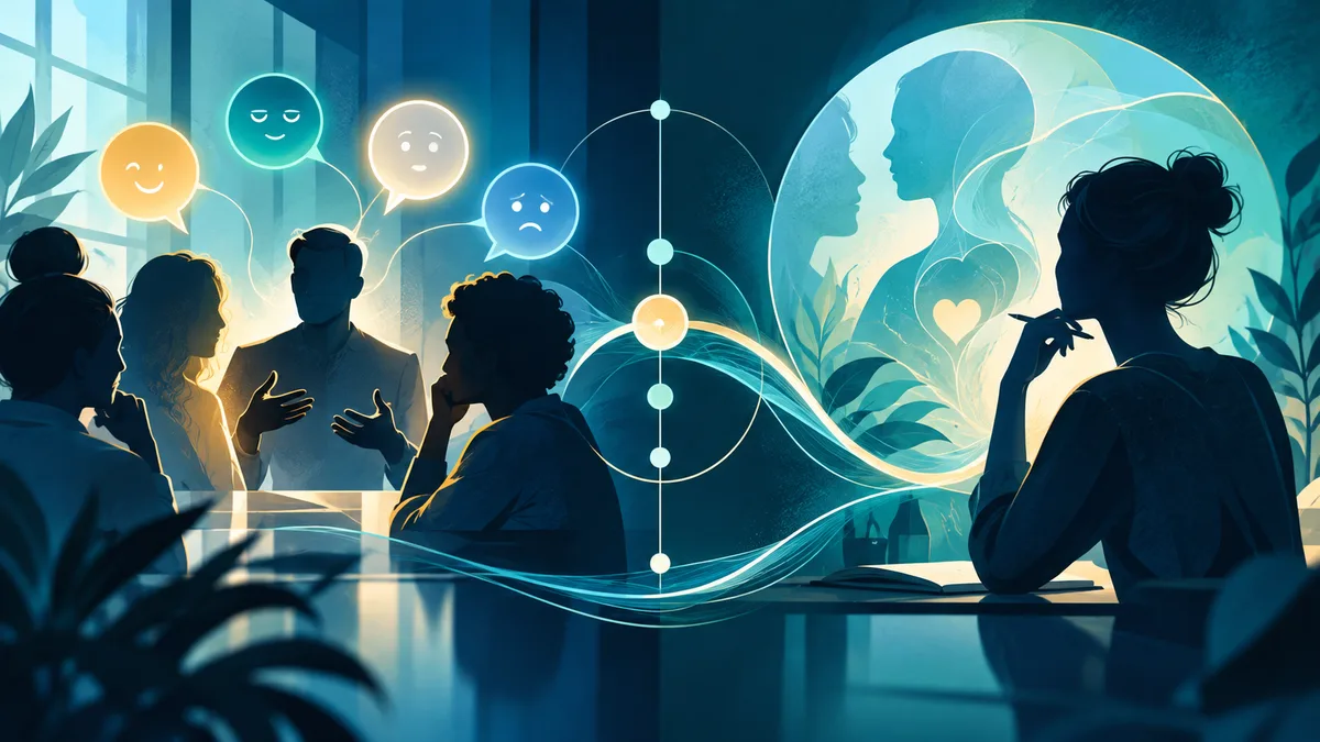 Illustration of people in discussion beside a seated person, with colored speech bubbles, a circular diagram, and flowing lines connecting them.