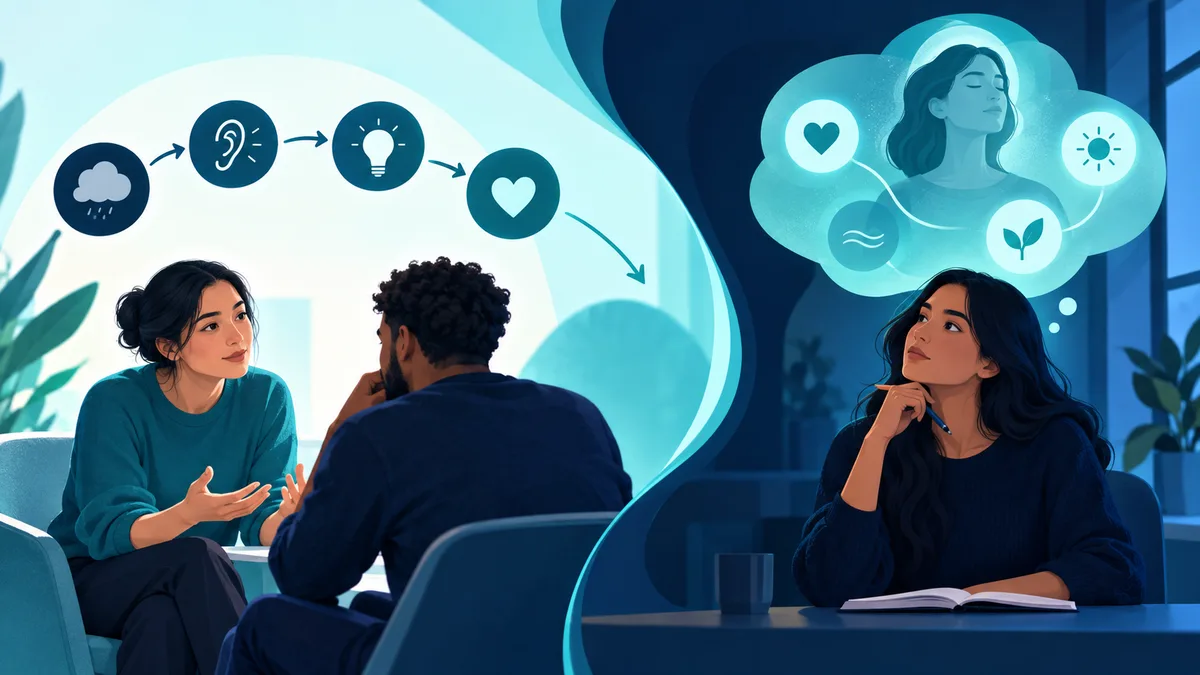 Illustration of two people talking and another person writing, with icons for listening, ideas, feelings, and nature.