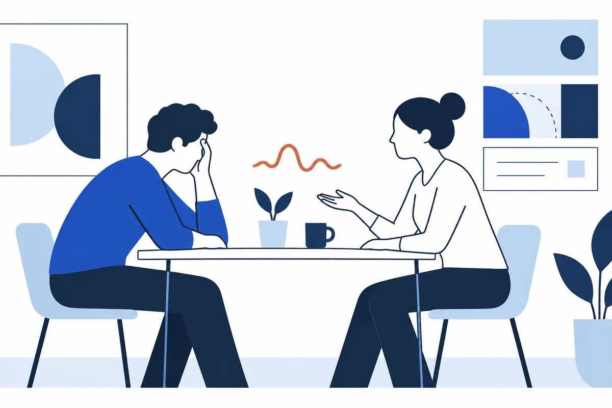 Two people sit across a table; one rests their head on a hand while the other gestures, with a small plant, a cup, and abstract shapes around them.