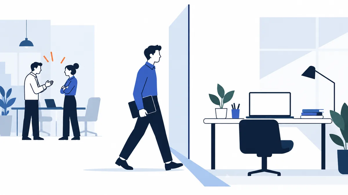 Two coworkers face each other with one gesturing as a third person walks away holding a folder; an empty desk with a monitor, chair, plants, and books is on the right.