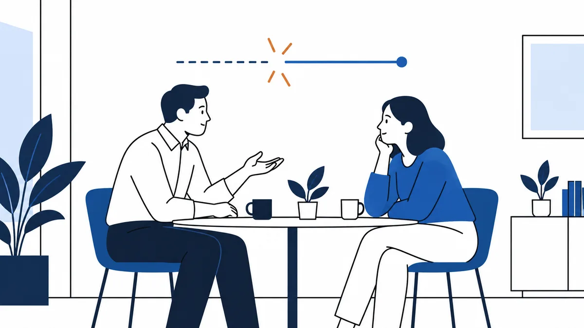 Two seated figures face each other across a table, with a dashed blue line becoming solid above them.