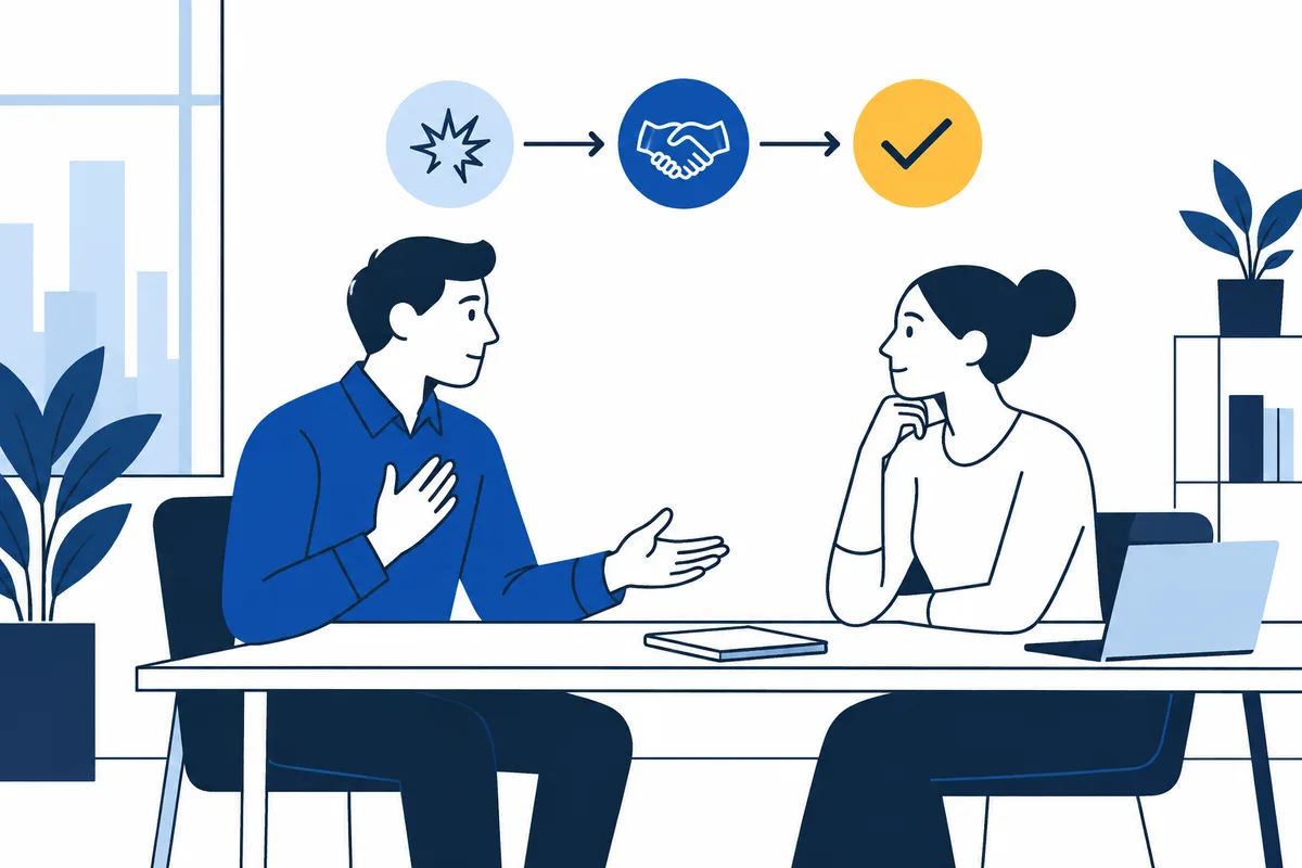 Two people sit across a desk, one extending a hand toward the other. Above them, icons show an impact symbol, a handshake, and a check mark connected by arrows.