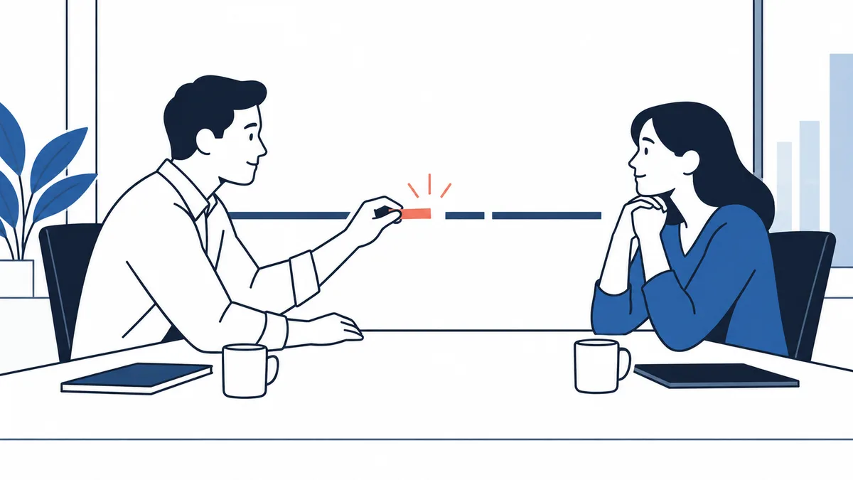 Two colleagues sit across a table as one reaches toward a short red segment in a broken navy line; a plant, cups, and notebooks are nearby.