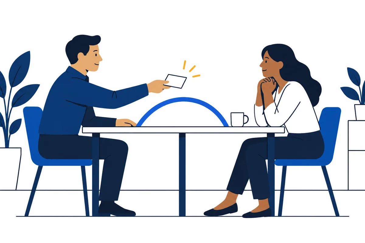 A seated person holds out a small card to a colleague across a table, with a blue arch between them and plants at either side.
