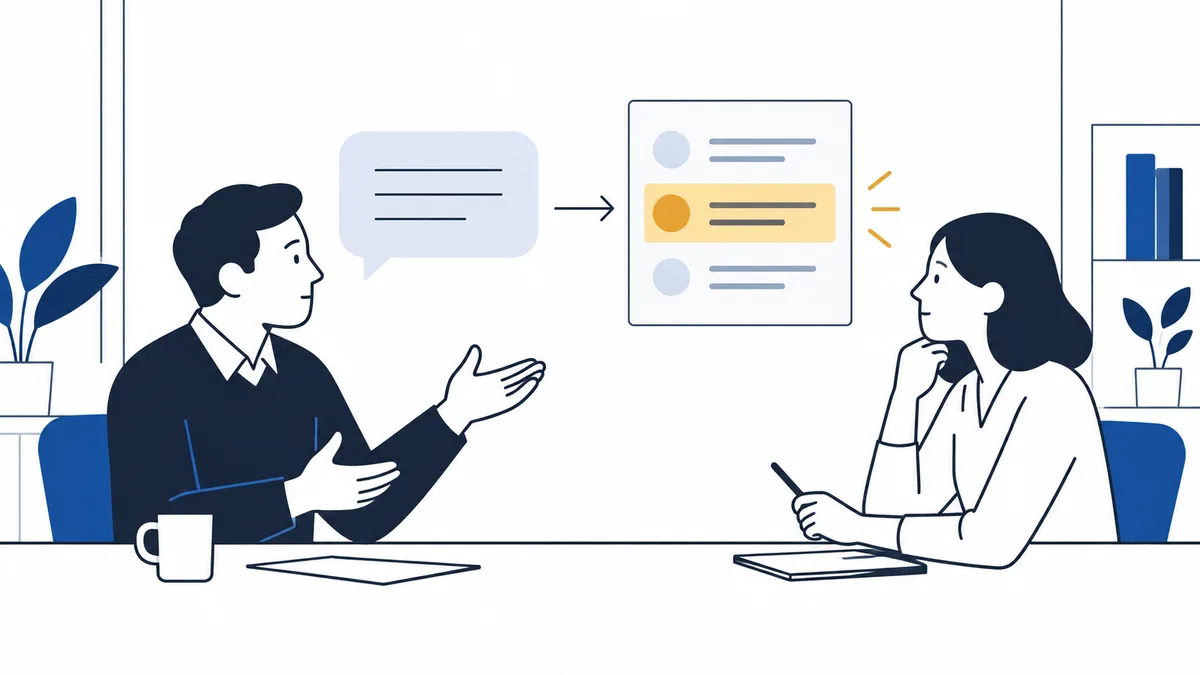 Two people sit across a table; one gestures toward a speech bubble and a report card with one row highlighted.