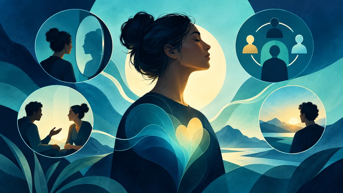 Illustration of a person in profile with a glowing heart shape, surrounded by circular scenes of conversation, reflection, a group, and a landscape.