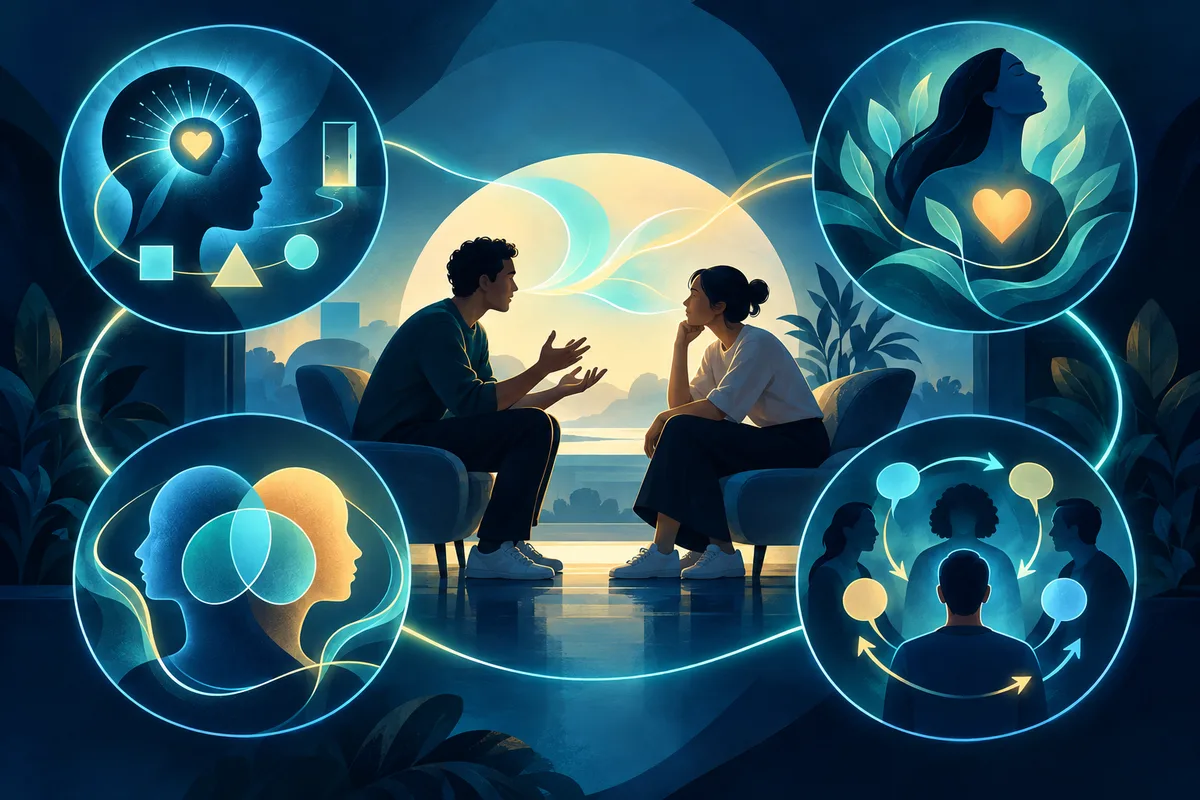 Illustration of two people seated and talking, surrounded by four circular symbols showing different emotional-intelligence measurement perspectives.