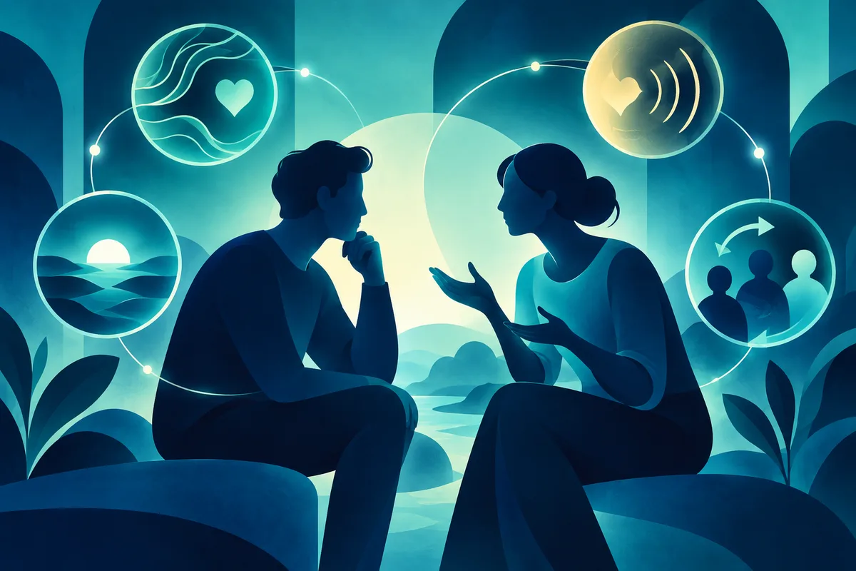 Illustration of two seated silhouettes facing each other, one listening and one gesturing, surrounded by abstract emotional-skill symbols.