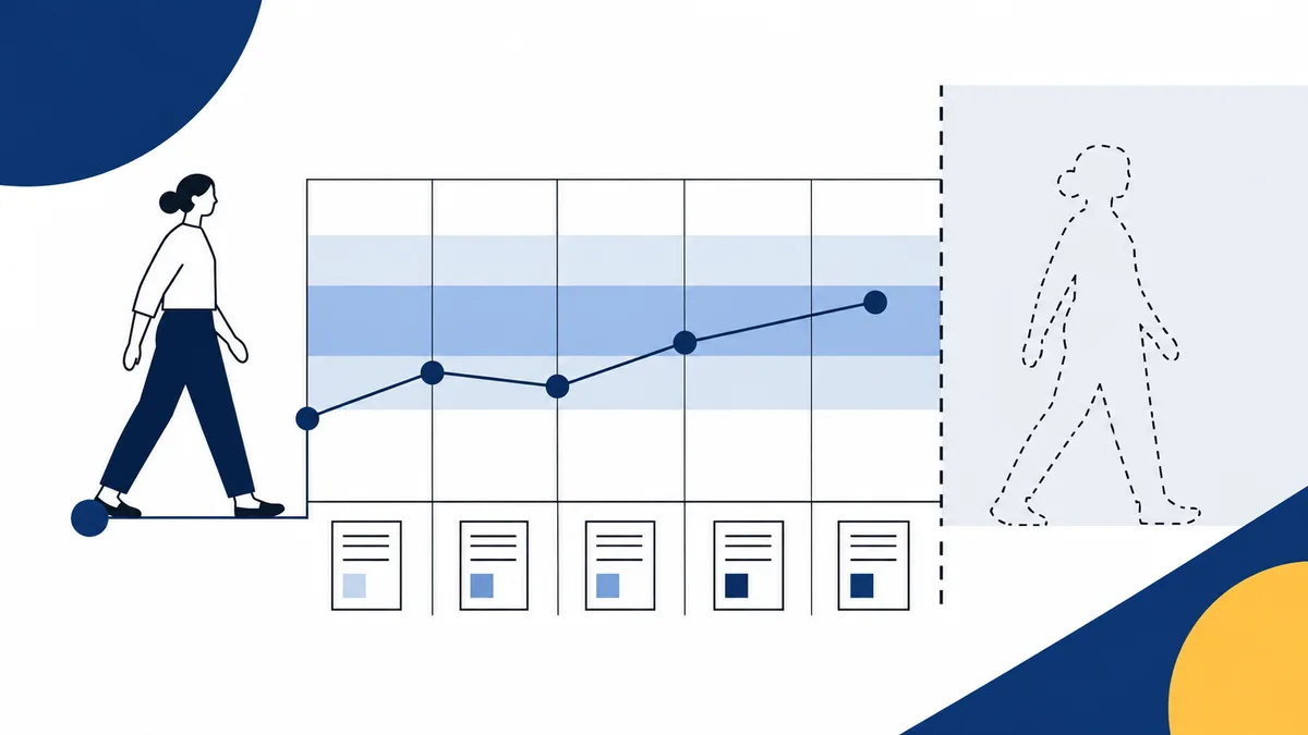 Flat illustration of a person walking beside a blue-banded line chart, five report cards, and a dotted human outline in a separate panel.