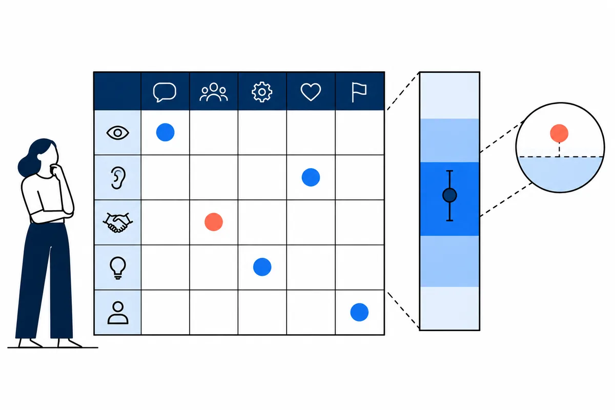 Flat illustration of a person beside a grid with communication and relationship icons, colored dots, a blue vertical scale, and a magnified orange dot.