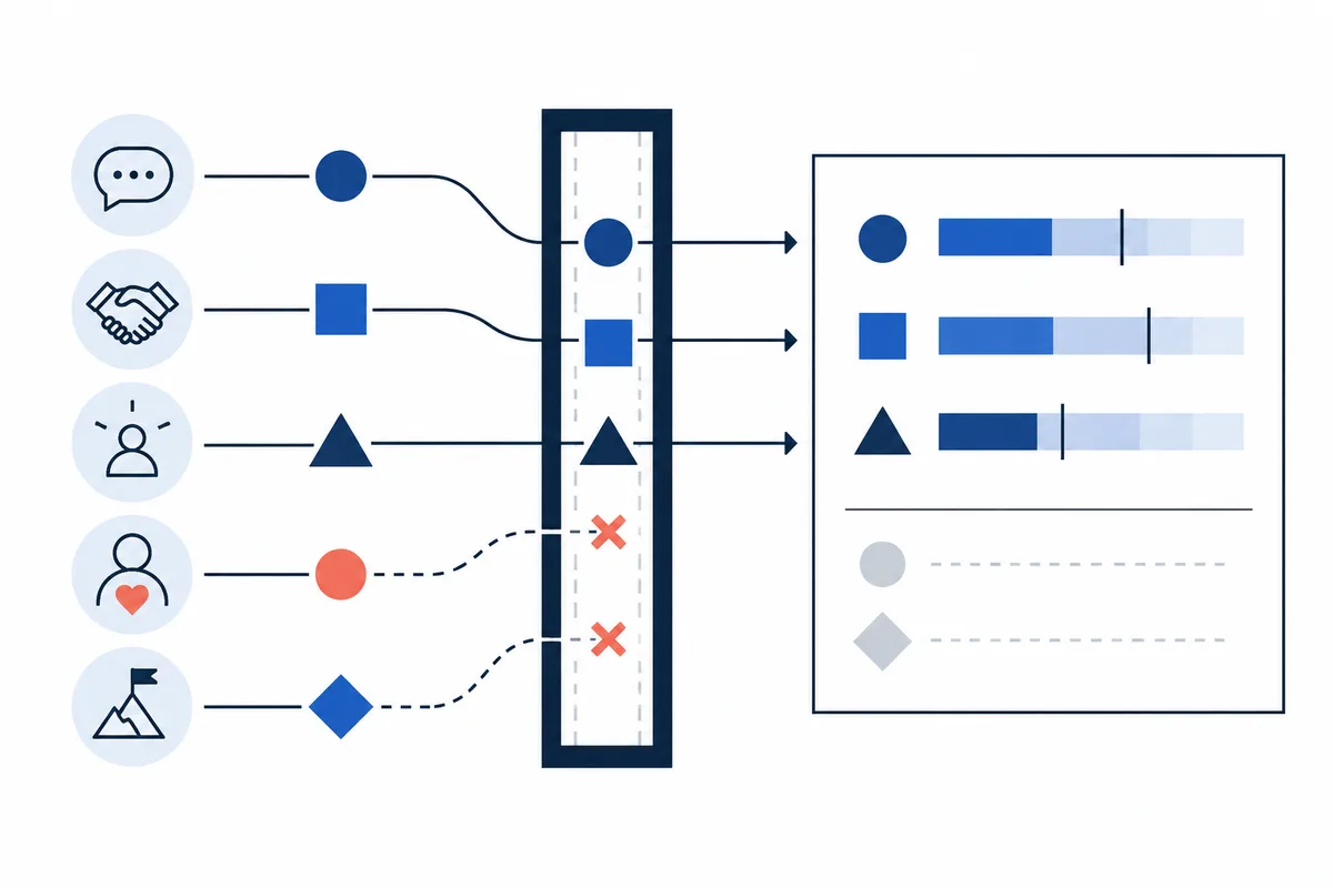 Flat diagram of icons and colored shapes passing through a narrow vertical frame toward three horizontal bars, with two red X marks below.