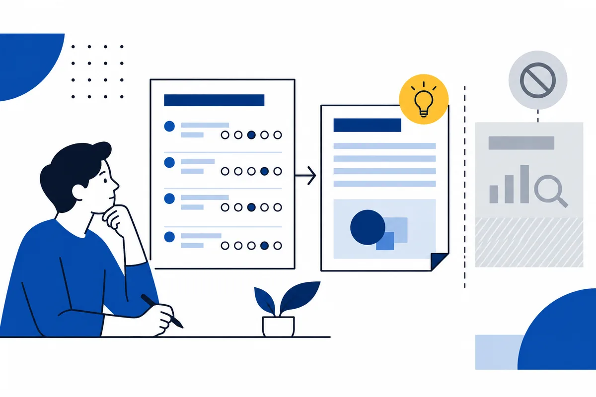 Stylized person writes beside a questionnaire; an arrow points to a report with a lightbulb, while a faded panel shows a prohibition symbol, bars, and a magnifying glass.