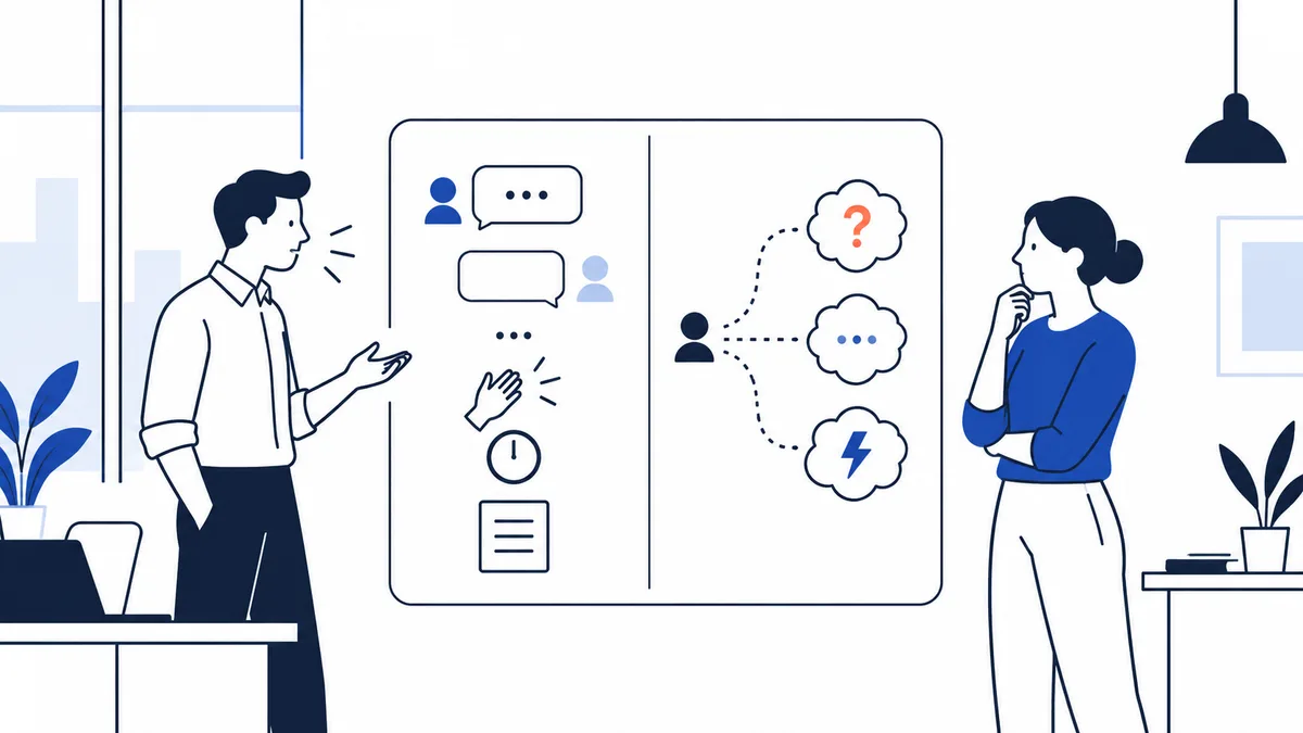 Line illustration of one person speaking beside a panel of speech bubbles and a clock, while another considers three thought bubbles marked with a question mark, dots, and a lightning bolt.