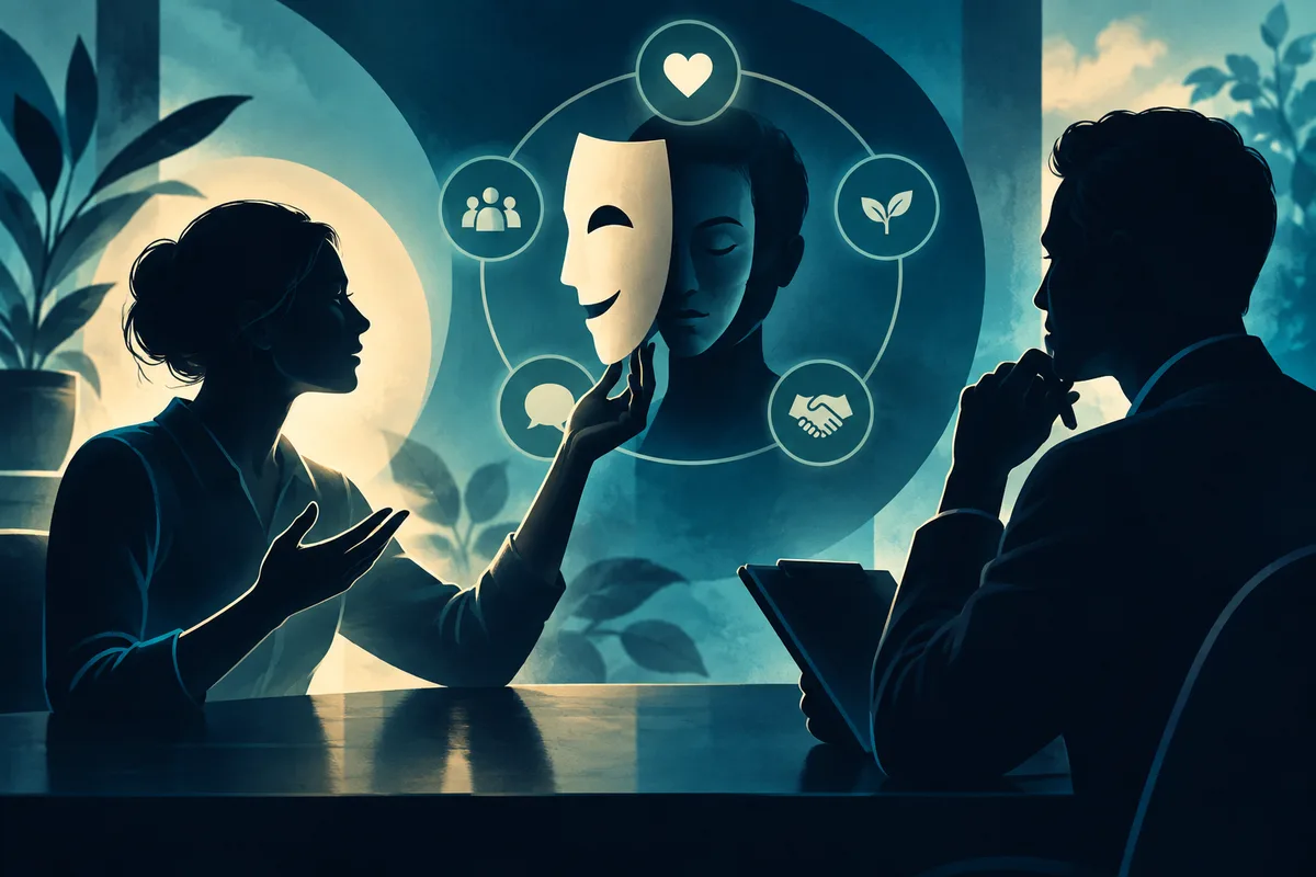 Three people sit around a table while a central figure holds a pale smiling mask over their face. Circular symbols around the figure show a heart, a group of people, a leaf, a speech bubble, and a handshake.