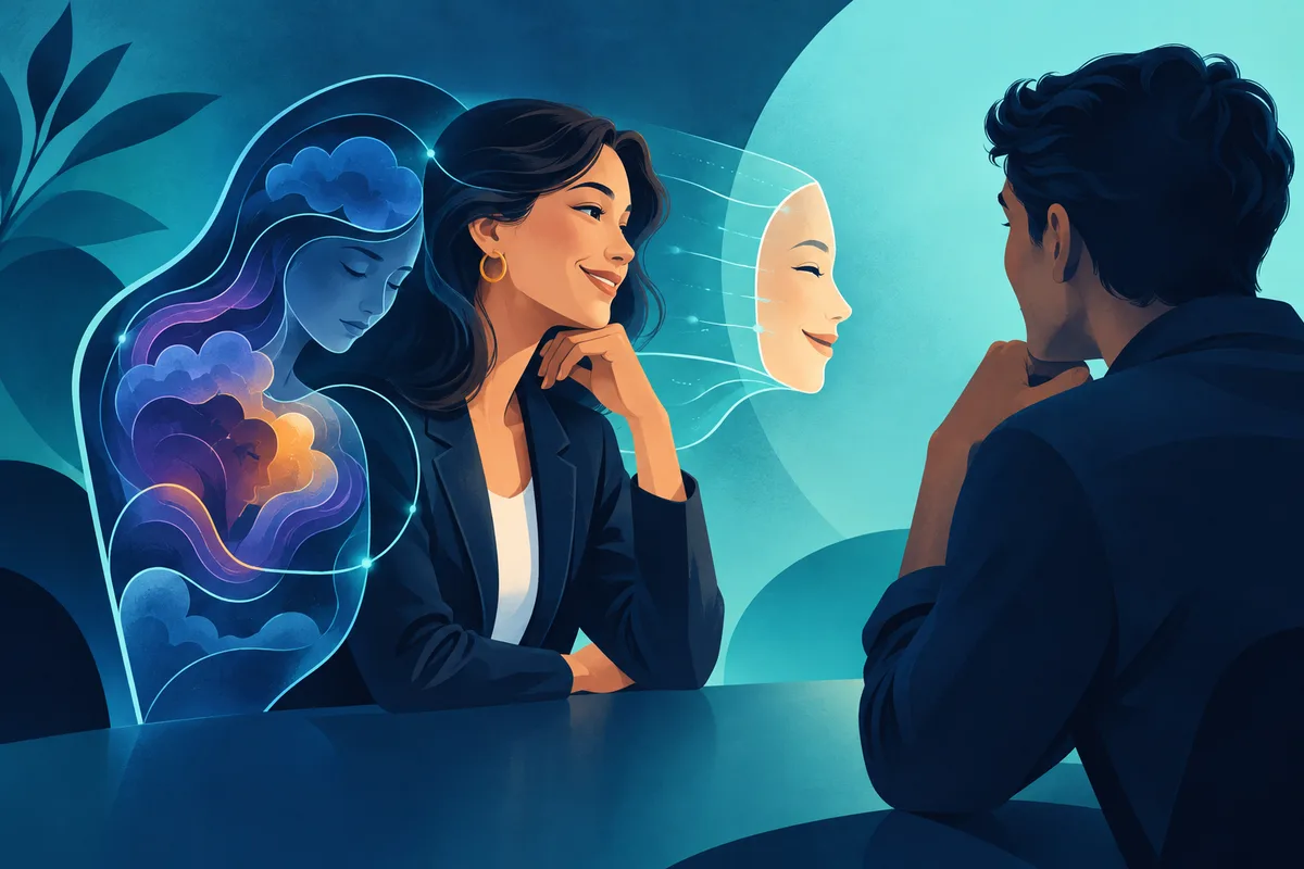 Three people sit at a table, with a large blue profile and cloud-like shapes behind the person on the left and a pale face outline between the two people on the right. Thin glowing lines connect the figures.