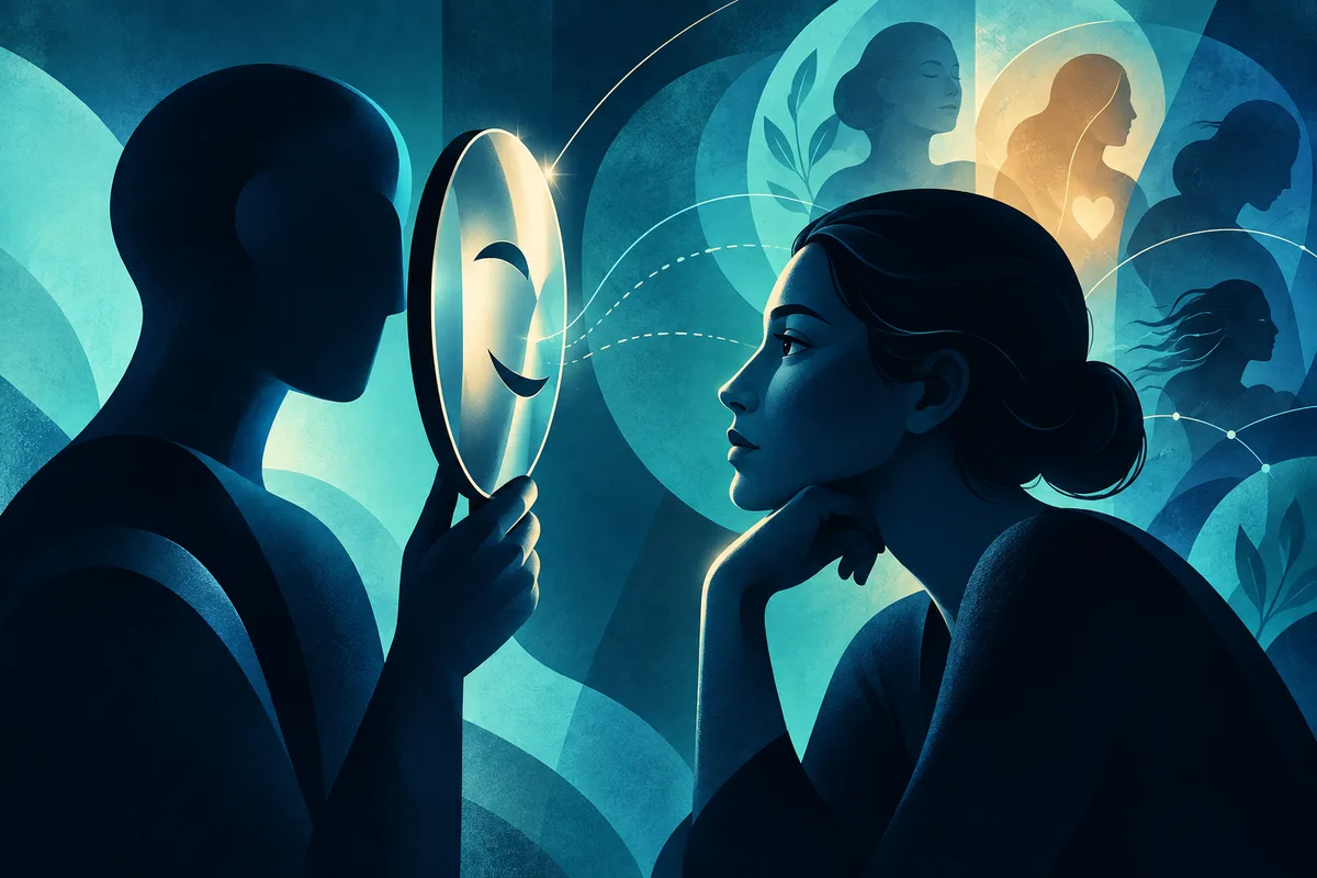 A person holds a pale smiling mask in front of another person's face. Several silhouetted figures and circular shapes appear in the blue-green background, including a small heart symbol.
