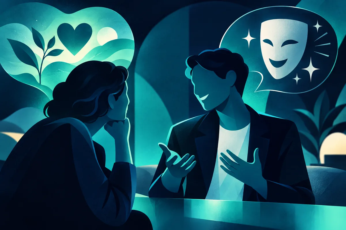 Two people face each other across a table. A speech bubble above one person contains a large smiling mask with sparkling shapes, while a heart and plant appear in a shape behind the other person.