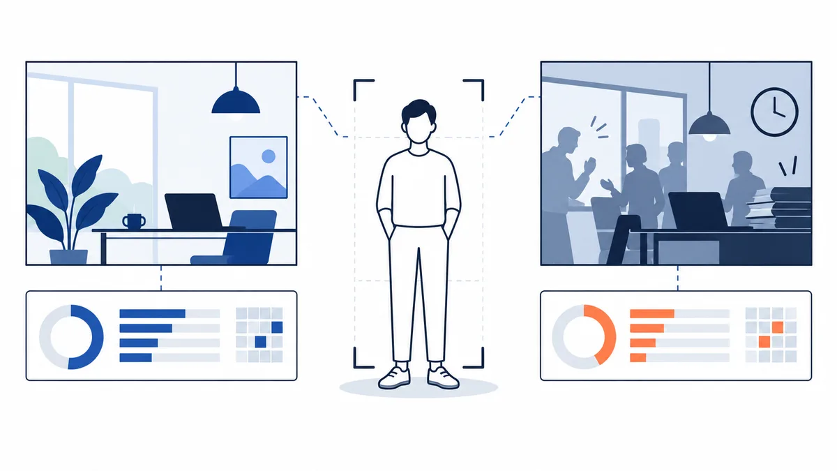 An outlined figure stands between a quiet desk scene and a group meeting scene, with simple circular and bar charts beneath each scene.