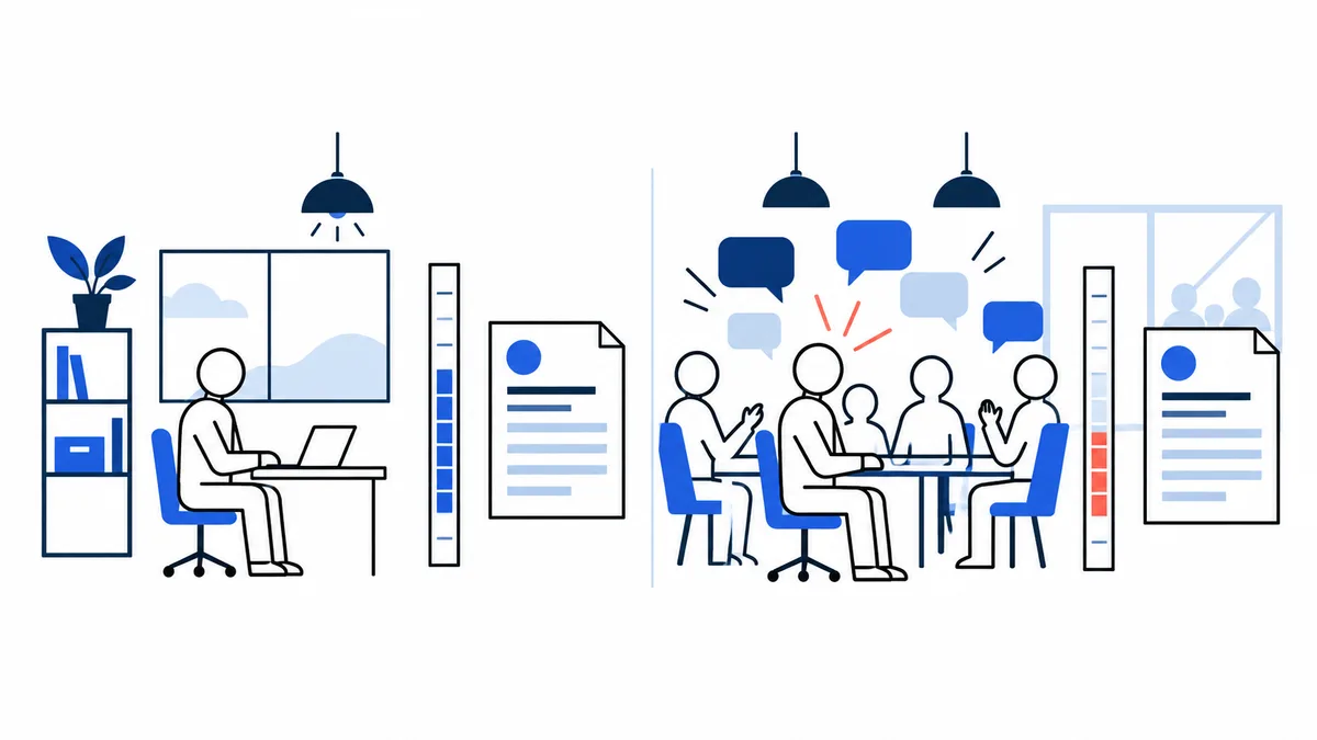 A split illustration shows one person working at a desk on the left and several people seated around a table with speech bubbles on the right, alongside documents and vertical bars.