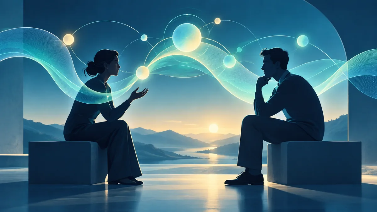 Two seated figures face each other beside a reflective floor, with glowing orbs and translucent waves overhead and mountains around a sunlit lake in the background.
