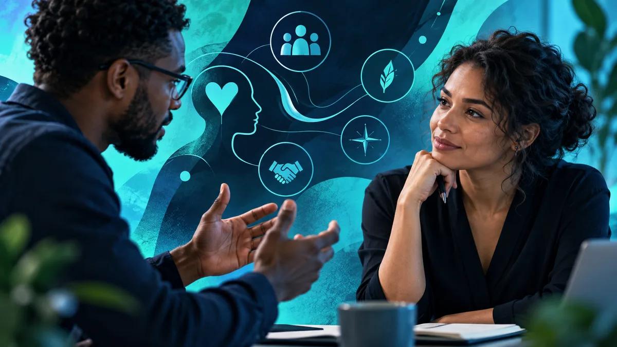 Two people sit across a table, one gesturing while the other rests her chin on her hand, against an abstract teal background with connected icons and an outlined profile containing a heart.