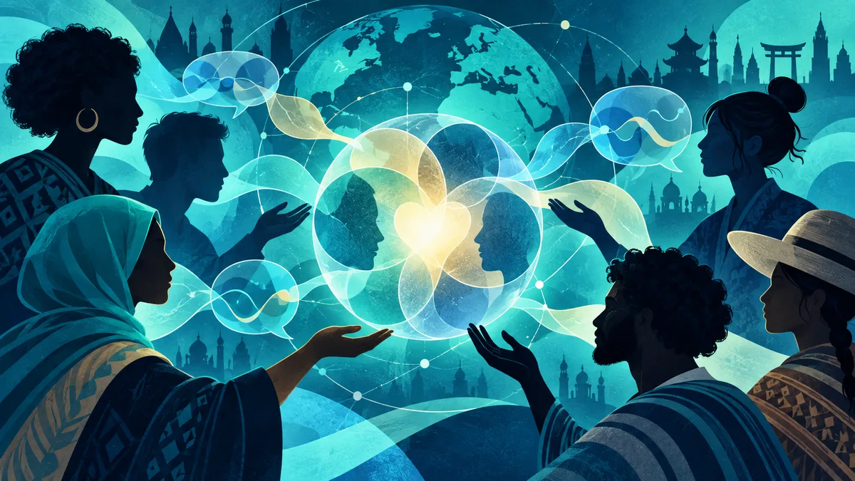 Illustration of six people surrounding overlapping speech bubbles and two profile silhouettes, with a glowing heart shape, a globe, and distant building silhouettes in the background.