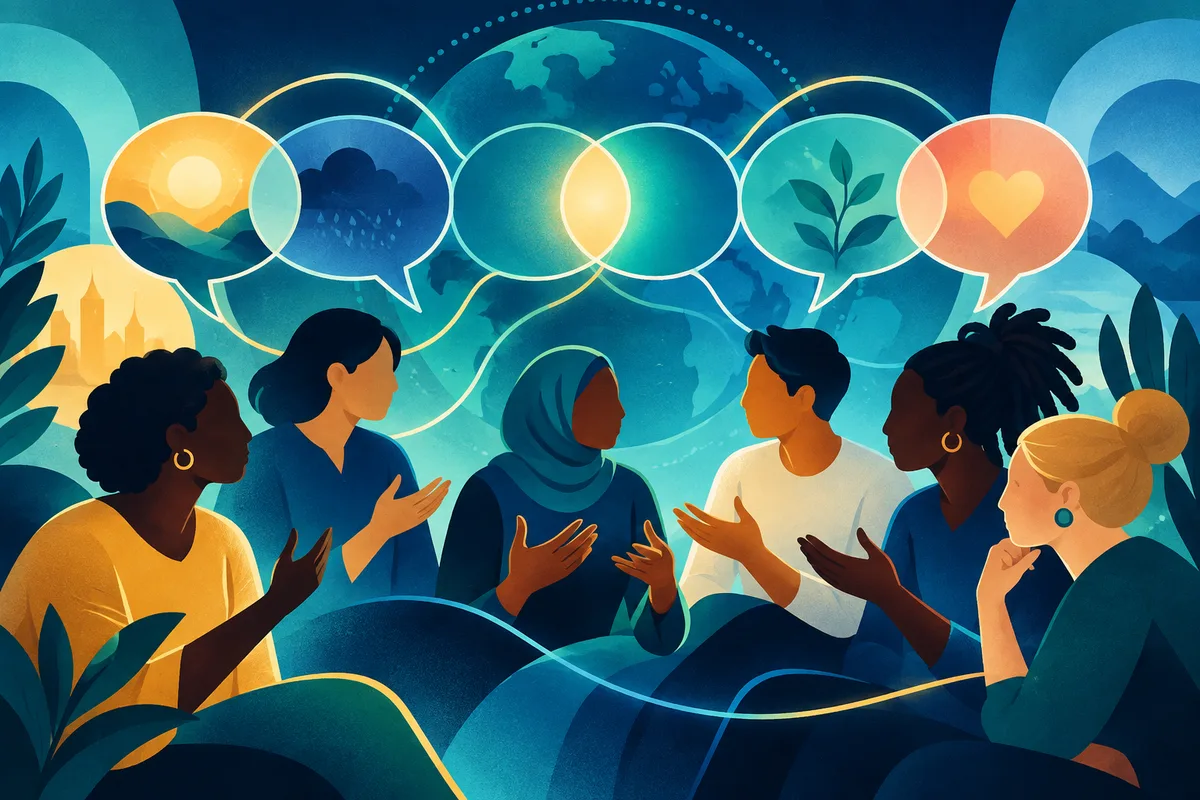 Illustration of six people in a discussion beneath speech bubbles containing a sun, a rain cloud, overlapping circles, a leaf, and a heart, with a globe behind them.