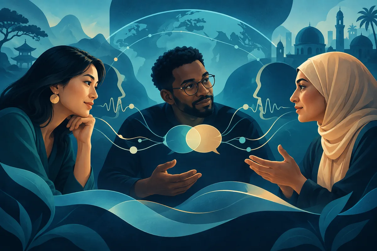 Illustration of three people facing one another with overlapping speech bubbles, profile outlines, and sound-wave lines, set before a globe and varied building silhouettes.