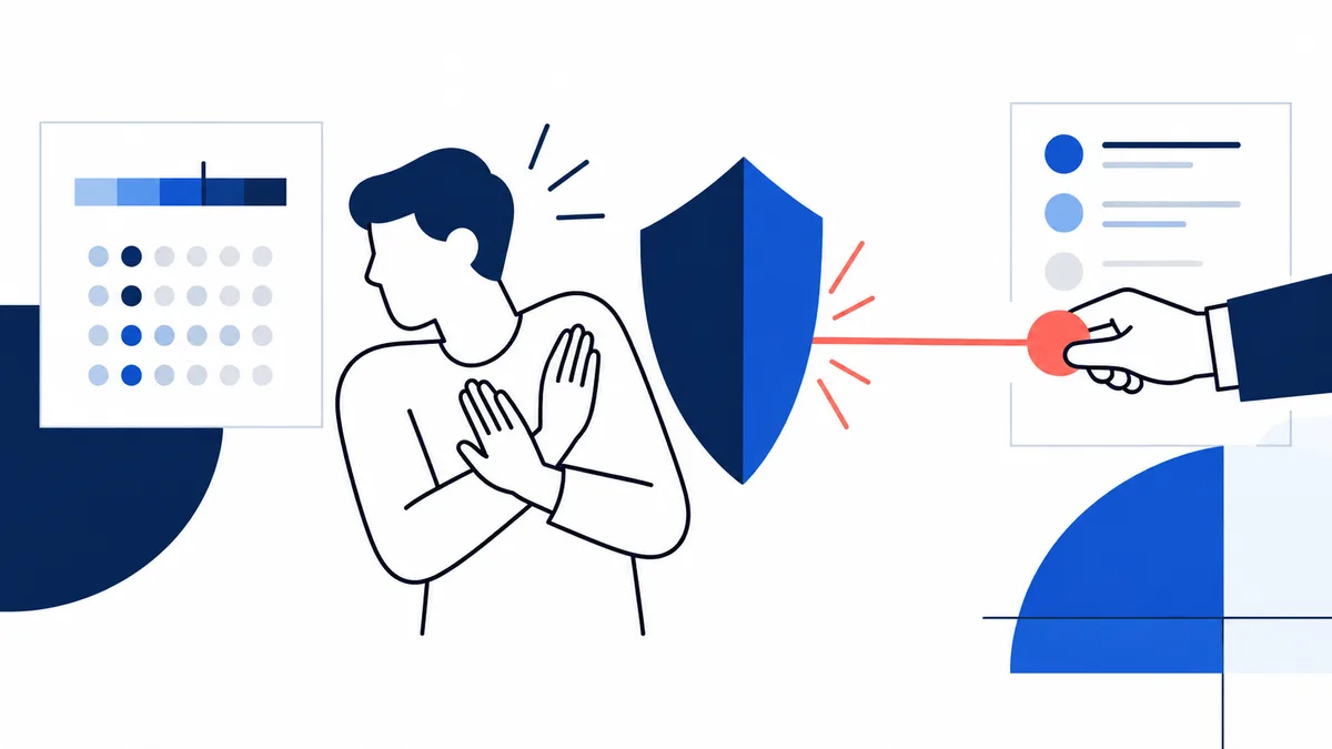 Flat illustration of a person holding both hands across their chest beside a blue shield, with a pointing hand and red line aimed toward the shield.