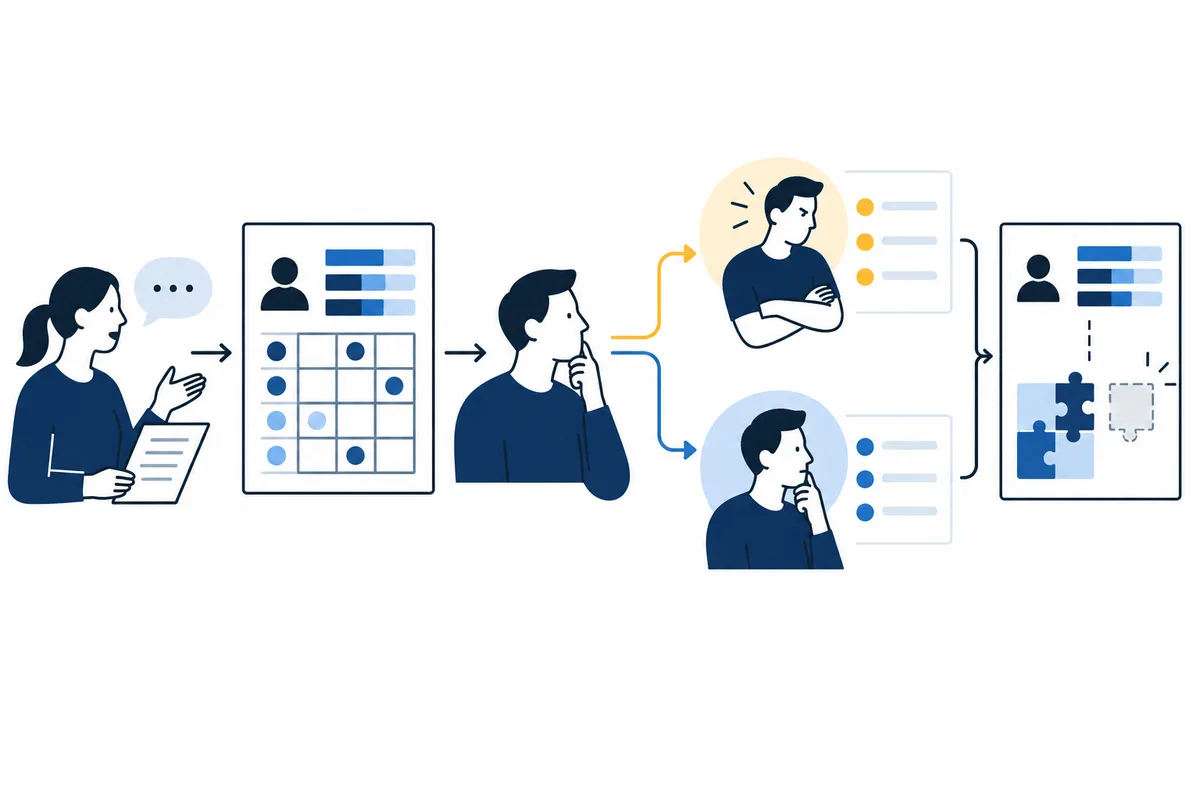 Flat diagram showing a person speaking, a questionnaire grid, a person thinking, two branching profile illustrations, and puzzle pieces.