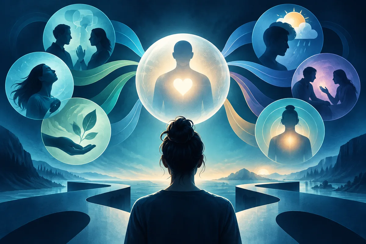 A person seen from behind faces a mountain-and-water landscape beneath a glowing central circle with a human silhouette and heart shape, connected to smaller circles showing conversations, a face, a hand holding leaves, and a person beneath sun and rain.