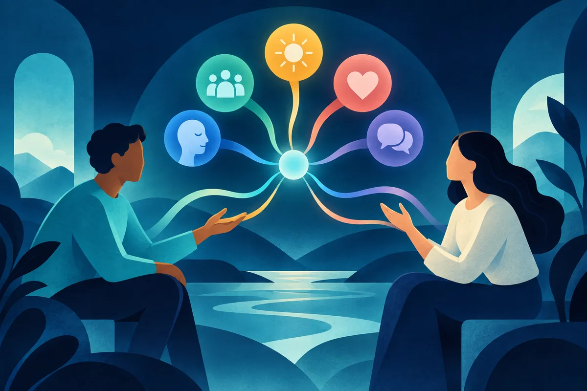 Two seated people face each other across a glowing central circle, with colored lines connecting it to five circular symbols showing a group, sun, heart, speech bubbles, and a profile.