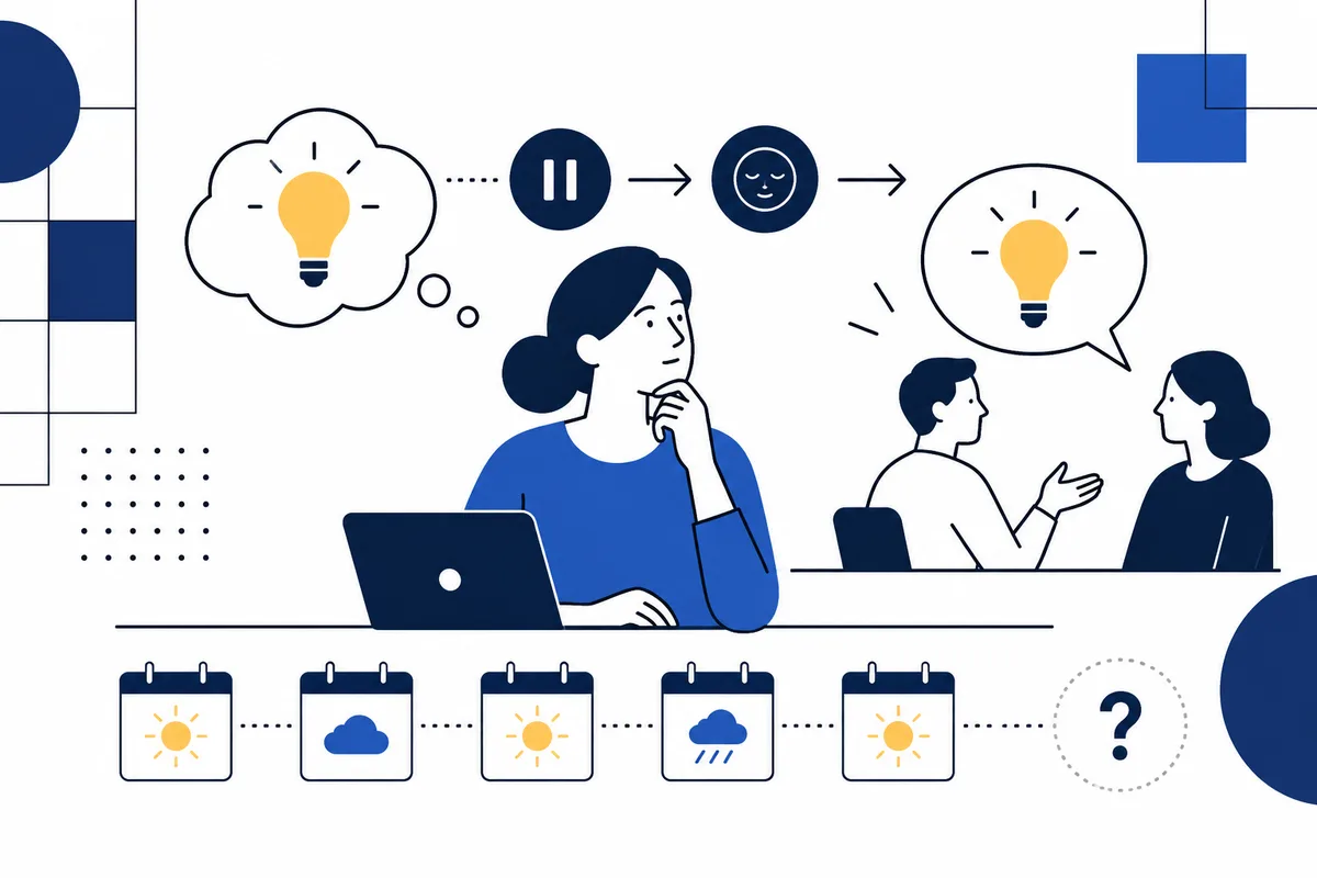 A person considers a light bulb idea at a laptop. Pause and calm-face symbols lead to two colleagues talking beneath another light bulb. A row of calendars shows sun and cloud icons, ending with a question mark.