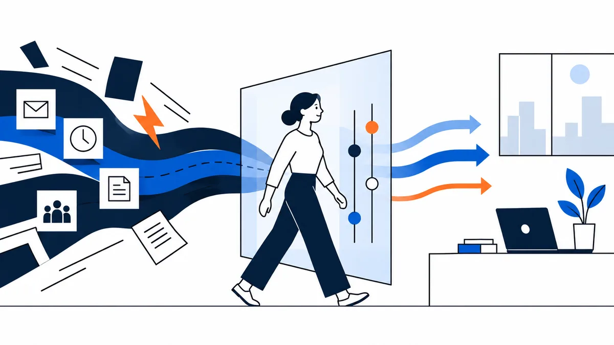 A person walks through a translucent panel with three colored slider markers. Dark blue flowing bands with envelope, clock, document, group, and lightning icons enter from the left, while colored arrows point toward a bar chart, laptop, and plant on the right.