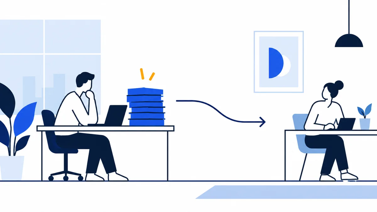 Two people work at separate desks with laptops. A stack of blue books or files and yellow marks sit beside the person on the left, and a curved arrow points toward the person on the right. Plants, a window, wall art, and a hanging lamp are also visible.