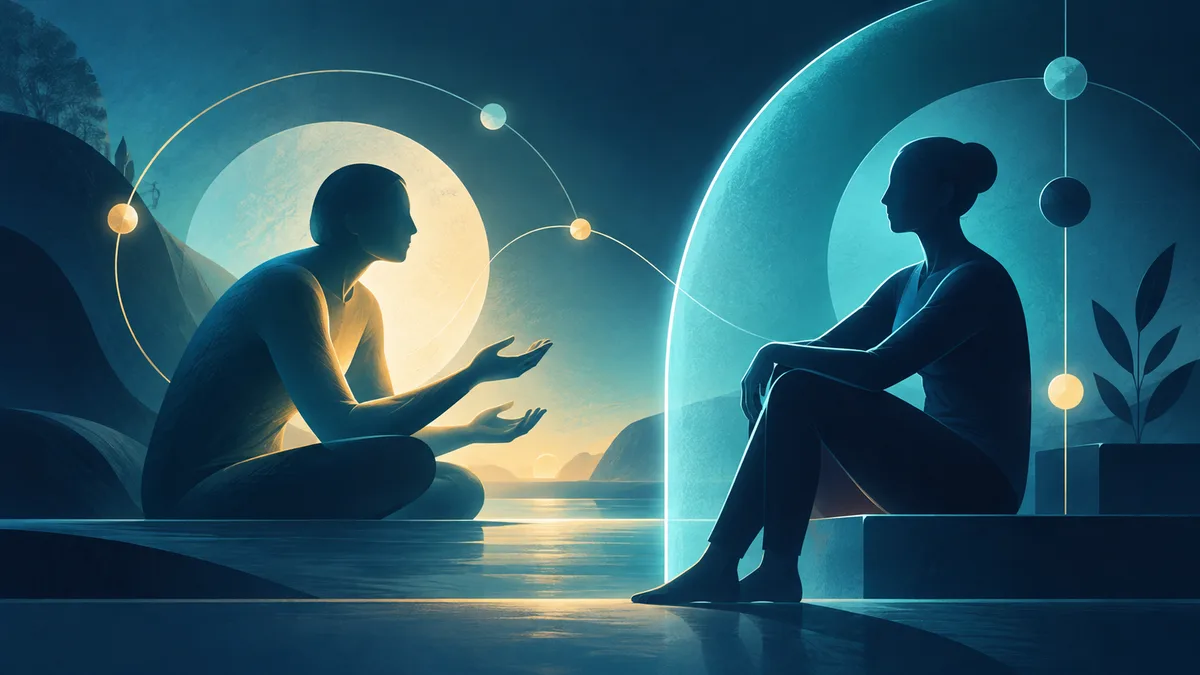 Two silhouetted figures face each other across reflective water; one gestures with open hands while the other sits inside a glowing turquoise dome, with circular lines and small spheres overhead.