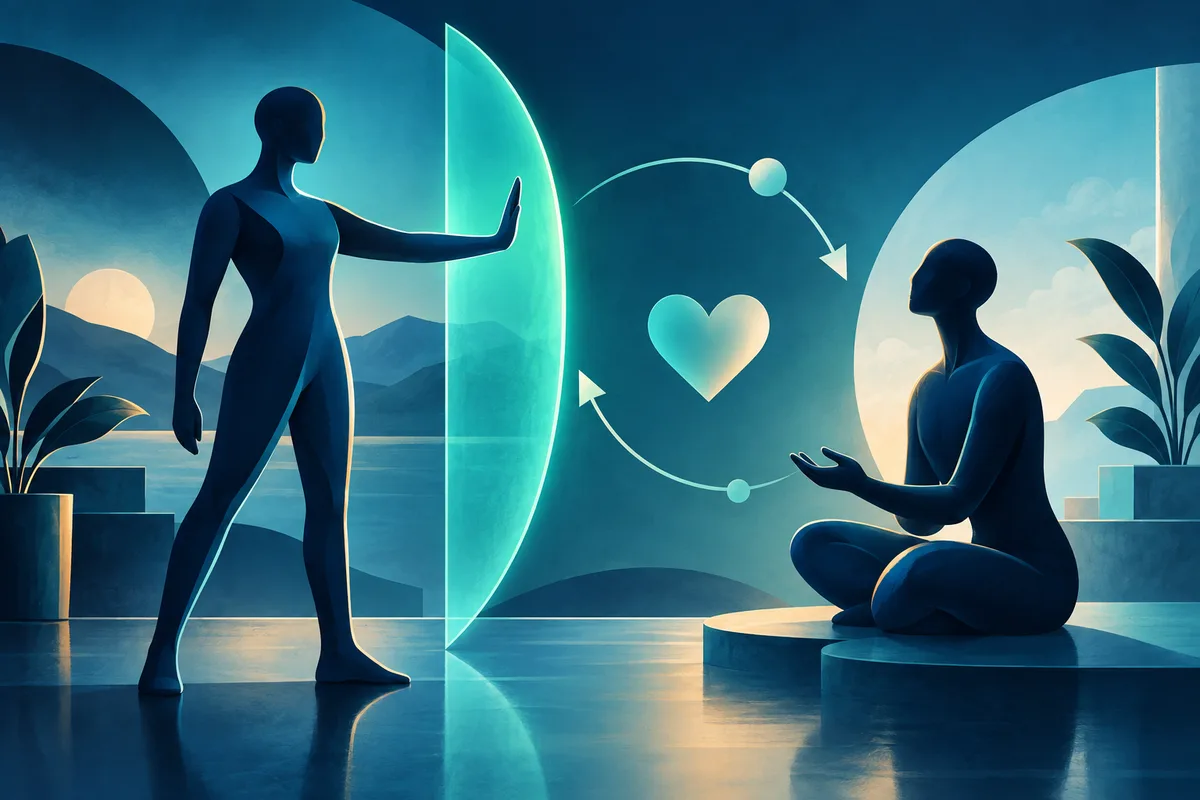 A standing figure holds one hand against a tall glowing turquoise half-circle while a seated figure faces them; a heart and curved arrows appear between them.