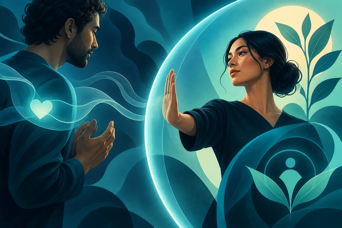 A figure on the left holds open hands toward a figure on the right, who raises one palm inside a glowing circular boundary; a heart-shaped light and leafy shapes surround them.