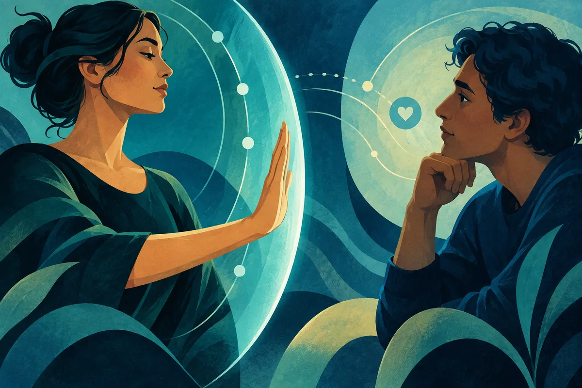 A woman raises one hand inside a glowing circular boundary while a seated man rests his chin on his hand and looks toward her; curved lines and a small heart surround them.