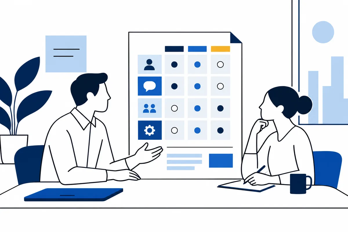Flat illustration of two coworkers beside a large grid of colored squares, circles, and simple icons, with a tablet, notebook, plant, and mug nearby.