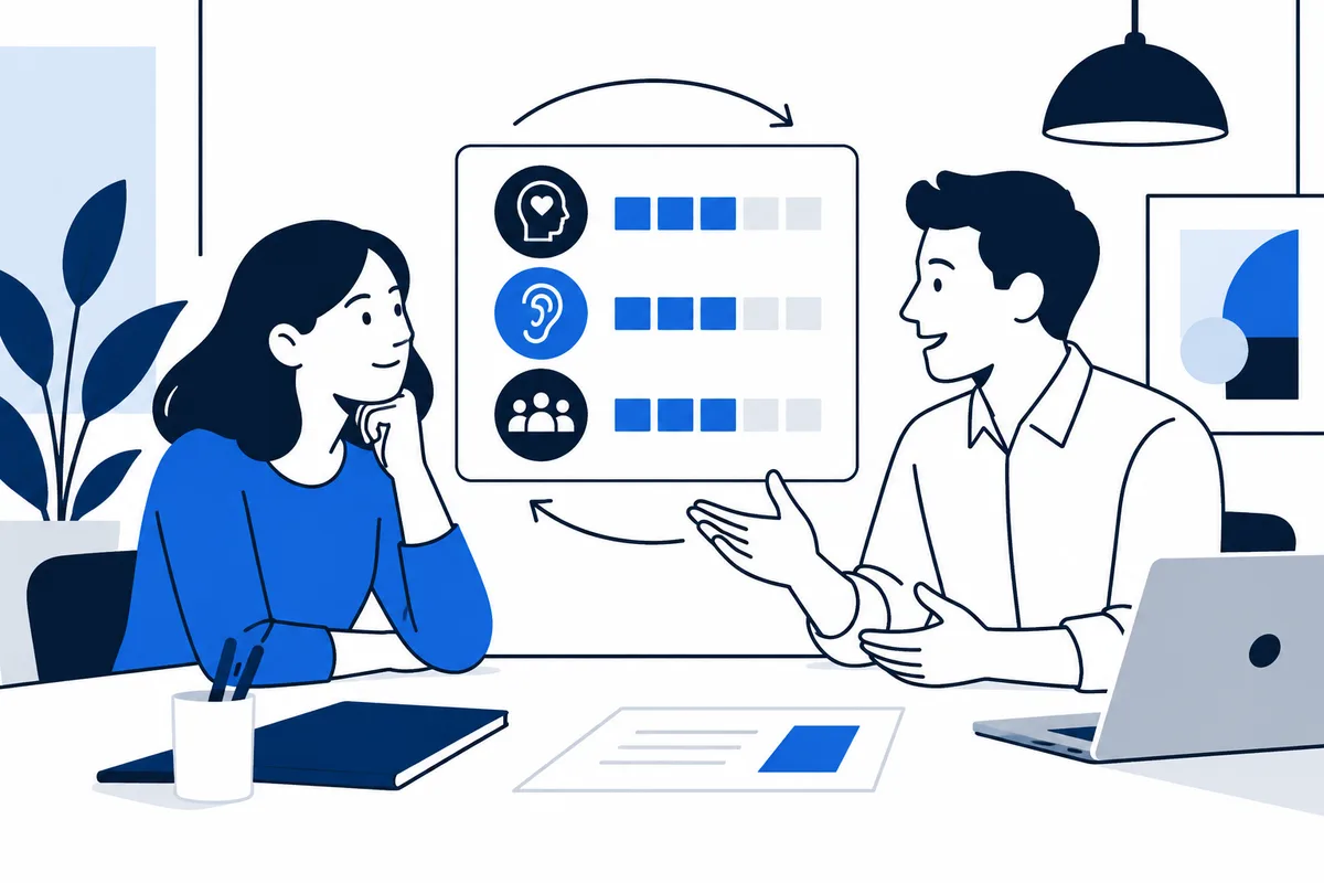 Flat illustration of two coworkers discussing a board with three rows of circular icons and blue and gray blocks, alongside a laptop, papers, and a notebook.
