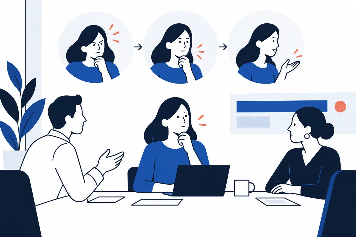 Illustration of a woman pausing with a hand at her chin, then gesturing, shown in three stages above two colleagues seated at a table with a laptop. Orange marks and arrows connect the stages; a plant and simple blue screen shapes appear in the background.