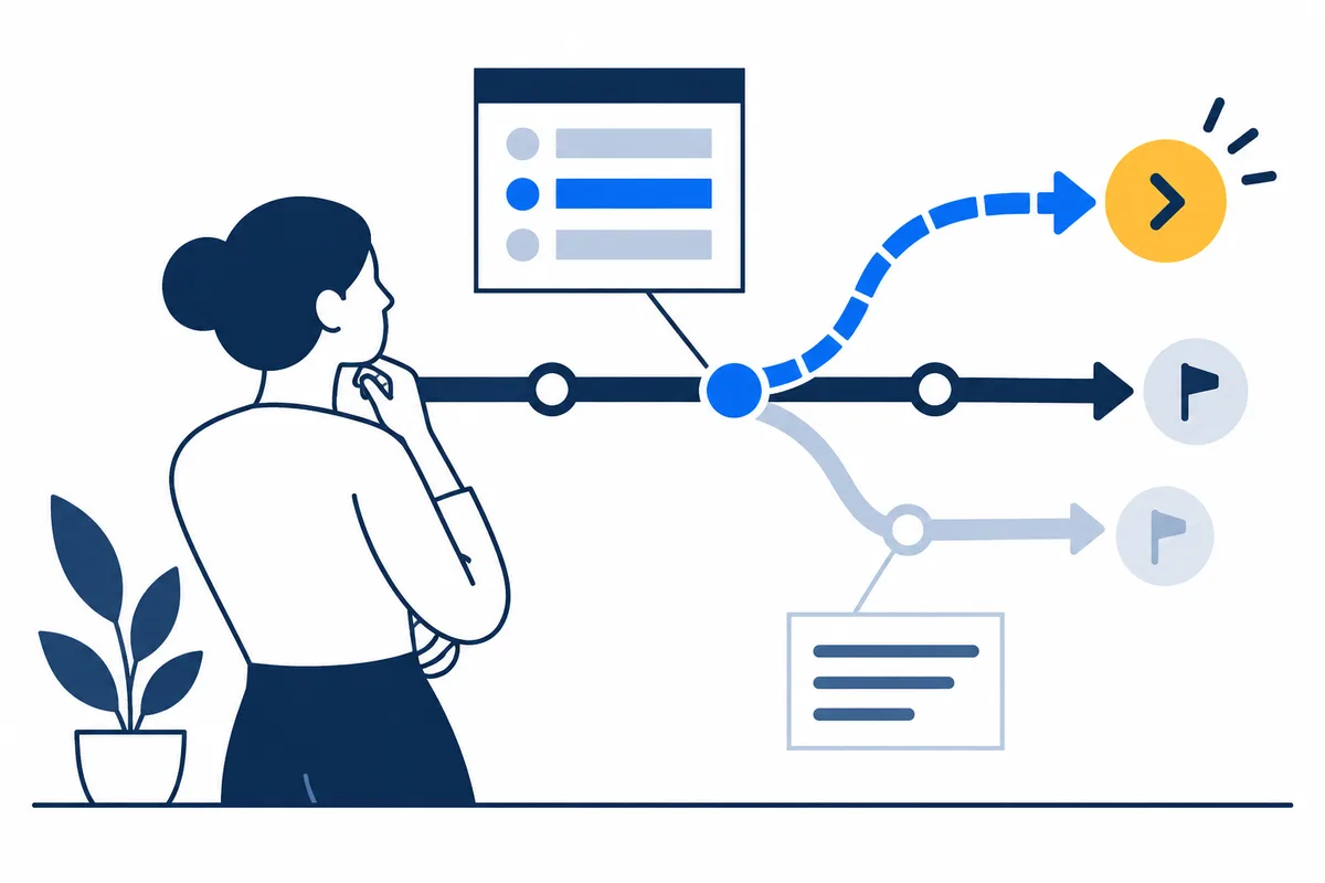 Illustration of a person beside a branching path diagram with blue and gray routes, arrow and flag symbols, small list panels, and a potted plant.