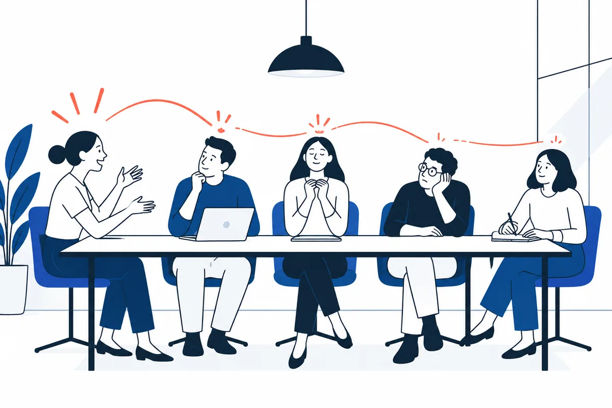 Five coworkers sit around a conference table with different expressions; a red wavy line runs above them.