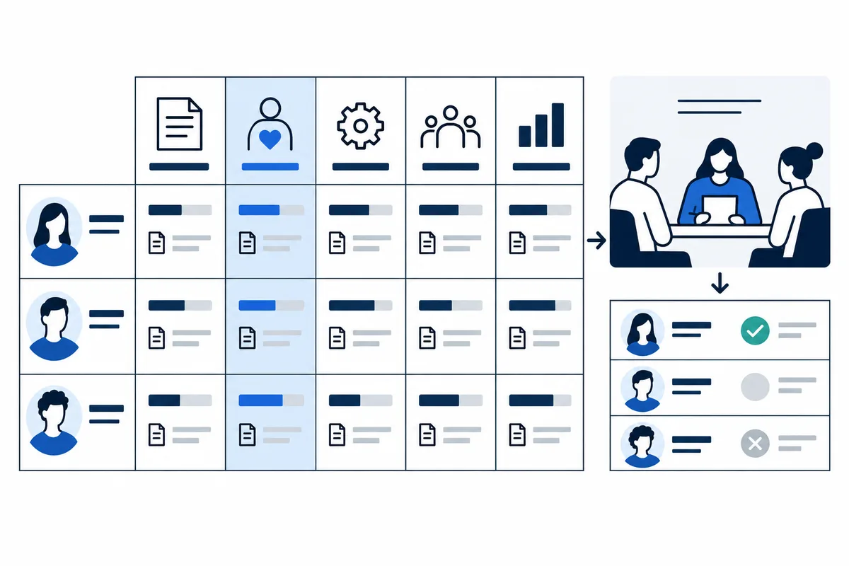 A grid compares three profile rows across several icon-headed columns, with an illustration of a meeting and three outcome rows to the right.